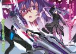  1boy 1girl amagiri_ayato amagiri_haruka brother_and_sister character_name fighting_stance gakusen_toshi_asterisk glasses low_twintails purple_eyes purple_hair siblings weapon zoom_layer 