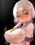  1girl blue_eyes blurry blurry_background blush breasts closed_mouth embarrassed erect_nipples from_side gloves hair_between_eyes hair_ornament hairclip hamakaze_(kantai_collection) kantai_collection large_breasts looking_at_viewer nicoby sailor_collar school_uniform serafuku shiny shiny_hair short_hair short_sleeves silver_hair solo suggestive_fluid upper_body wet wet_clothes white_gloves 