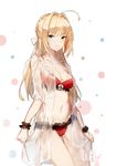  aiko_(kanl) artist_name bad_id bad_pixiv_id bangs bikini blonde_hair blush bow braid breasts closed_mouth collarbone commentary cowboy_shot dress eyebrows_visible_through_hair fate/extra fate_(series) french_braid frills gown green_eyes hair_bow hair_intakes heart highres long_hair looking_at_viewer medium_breasts navel nero_claudius_(fate)_(all) nero_claudius_(swimsuit_caster)_(fate) red_bikini see-through sidelocks signature smile solo swimsuit thighs white_bow 