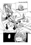  2girls :q armor ball_and_chain chibi comic commentary fei_(maidoll) greyscale headgear highres lillipa monochrome multiple_girls phantasy_star phantasy_star_online_2 smile stratos_(pso2) sword tears thighhighs tongue tongue_out translated trembling wavy_mouth weapon 