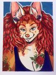  2017 anthro blue_background border breasts brown_body brown_nose bust_portrait canine cheek_piercing cleavage clothed clothing collarbone countershade_torso countershading curly_hair ear_piercing eyelashes facial_piercing female flower fluffyboobs fox front_view fur gauged_ear gouache_(artwork) green_eyes hair hi_res inner_ear_fluff lip_piercing lip_spike long_hair looking_at_viewer m&aacute;rie_(fluffyboobs) mammal multicolored_body piercing plant portrait red_hair rose shirt simple_background smile solo tan_body tan_countershading tank_top tattoo traditional_media_(artwork) watercolor_(artwork) white_body white_border white_fur 