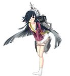  black_hair blush commentary_request covering covering_crotch derivative_work dial16yoi hair_over_one_eye hair_ribbon hayashimo_(kantai_collection) japanese_clothes kantai_collection long_hair ribbon sarashi solo standing standing_on_one_leg tabi very_long_hair yellow_eyes 