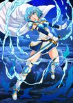  adapted_costume armor blue_eyes blue_hair cape fortissimo fortissimo_hair_ornament gloves granblue_fantasy greaves hair_ornament highres magical_girl mahou_shoujo_madoka_magica mahou_shoujo_madoka_magica_movie miki_sayaka parody pauldrons saber_(weapon) short_hair solo soul_gem sword thighs water weapon yamasan_(hachiman) 