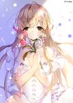  :o android atsumi_jun bangs bare_shoulders blonde_hair bow brown_eyes brown_hair chii chobits commentary dress eyebrows_visible_through_hair flower hair_tubes half-closed_eyes hands_on_own_chest holding holding_flower long_hair looking_at_viewer parted_lips pink_flower shade smile solo sparkle tareme tulip twitter_username upper_body white_dress 