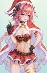  1girl :o aaeru astolfo_(fate) bangs bell belt black_choker black_gloves black_ribbon blush braid breasts cape choker christmas cleavage commentary_request cowboy_shot crop_top fang fate/apocrypha fate_(series) fur-trimmed_cape fur_trim garter_straps genderswap genderswap_(mtf) gloves groin hair_between_eyes hair_intakes hair_ribbon hand_on_hip hand_up hat heart highres legs_apart long_hair looking_at_viewer medium_breasts midriff miniskirt mismatched_legwear navel open_mouth pink_hair purple_eyes red_cape red_hat red_shirt red_skirt ribbon santa_costume santa_hat shirt sidelocks single_braid skirt sleeveless sleeveless_shirt solo standing stomach thighhighs tongue tongue_out very_long_hair white_legwear zettai_ryouiki 