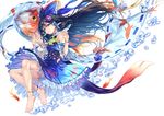  air_bubble alternate_color anklet ascot barefoot black_hair blue_bow blue_skirt blush bow bubble detached_sleeves fish floating_hair floral_print full_body goldfish hair_bow hair_ornament hair_tubes hakurei_reimu highres jewelry long_hair looking_at_viewer ribbon-trimmed_sleeves ribbon_trim sash skirt skirt_set smile solo touhou uu_uu_zan vest white_background white_sleeves 
