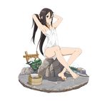  androgynous armpits arms_behind_head artist_request barefoot black_eyes black_hair bucket collarbone crossed_ankles expressionless faux_figurine full_body hair_between_eyes hands_in_hair kirito kirito_(sao-ggo) long_hair looking_at_viewer male_focus naked_towel otoko_no_ko rock sitting sitting_on_rock snow solo stone sword_art_online towel transparent_background very_long_hair water wet 