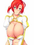  blush boudica_(fate/grand_order) breasts cleavage fate/grand_order fate_(series) green_eyes huge_breasts light_smile looking_at_viewer nashipasuta navel one_breast_out red_hair sagging_breasts short_hair shrug_(clothing) simple_background solo wardrobe_malfunction white_background 