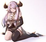  belt black_footwear black_gloves blue_eyes blush boots braid breasts closed_mouth draph elbow_gloves fingerless_gloves frown full_body gloves granblue_fantasy haido_(ryuuno_kanzume) hair_ornament hair_over_one_eye head_tilt high_heels highres horns large_breasts lavender_hair long_hair looking_at_viewer narmaya_(granblue_fantasy) simple_background single_braid single_thigh_boot sitting solo tears thigh_strap white_background 