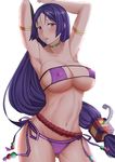  aori_sora armband armpits arms_up bikini breasts cleavage covered_nipples eyepatch_bikini fate/grand_order fate_(series) highres large_breasts long_hair minamoto_no_raikou_(fate/grand_order) minamoto_no_raikou_(swimsuit_lancer)_(fate) navel parted_lips purple_bikini purple_eyes purple_hair simple_background solo swimsuit tan thighs very_long_hair white_background 