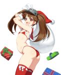  1girl :d ass bikini blush bow brown_hair capelet christmas fang female flat_chest gift gloves hat holding long_hair looking_at_viewer looking_to_the_side open_mouth red_bikini ribbon ryuujou_(kantai_collection) sack santa_hat smile solo swimsuit takoyaki_neko-san thighhighs transparent_background twintails 