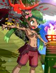  1girl areolae breasts censored cloud convenient_censoring fire flower green_eyes green_hair hair_flower mao_(pokemon) matching_hair/eyes navel necklace nintendo open_mouth pokemon pokemon_(creature) rorretsim small_breasts spread_arms standing sun talonflame topless twintails 