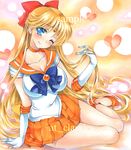  ;) aino_minako artist_name at_classics bangs bishoujo_senshi_sailor_moon blonde_hair blue_bow blue_eyes blue_neckwear bow bowtie breasts cleavage earrings eyebrows_visible_through_hair forehead_jewel full_body gloves hair_bow heart high_heels holding holding_hair jewelry large_breasts long_hair looking_at_viewer one_eye_closed orange_skirt pleated_skirt red_bow sailor_senshi_uniform sailor_venus sample school_uniform serafuku short_sleeves sidelocks sitting skirt smile solo traditional_media very_long_hair watermark white_gloves yokozuwari 