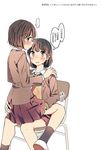  2girls bangs blazer blush bob_cut bow brown_eyes brown_hair chair collared_shirt couple embarrassed eyebrows_visible_through_hair hachiko_(hati12) hand_on_another's_shoulder hand_on_ass hand_under_clothes hand_under_skirt highres jacket long_sleeves looking_at_another looking_to_the_side multiple_girls open_mouth original partially_translated pleated_skirt school_uniform shirt shoes short_hair simple_background sitting sitting_on_lap sitting_on_person skirt socks speech_bubble spoken_ellipsis sweater thought_bubble translation_request uwabaki white_background yuri 