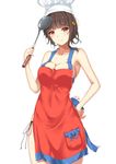  apron bangs black_panties blunt_bangs breasts brown_hair chef_hat cleavage cowboy_shot hand_on_hip hat highres ladle looking_at_viewer medium_breasts mole mole_under_eye nearly_naked_apron panties pocket red_eyes short_hair side-tie_panties smile solo underwear white_background yat_sen_(zhan_jian_shao_nyu) zhan_jian_shao_nyu zhudacaimiao 