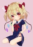  ? barefoot blonde_hair blue_dress blush bow bow_panties child commentary_request crystal dress dress_lift eyebrows_visible_through_hair finger_to_mouth flandre_scarlet full_body hair_between_eyes hair_bow head_tilt looking_at_viewer panties pink_background pink_panties pointy_ears red_bow red_eyes red_neckwear reo_(re2kn) sailor_dress short_sleeves simple_background sitting solo touhou two_side_up underwear wings younger 