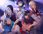  aqua_eyes arabian_clothes arabian_nights belphegor_(reborn) black_eyes black_hair blonde_hair blue_eyes bracelet circlet ekita_xuan fran_(reborn) green_hair hair_over_eyes hat highres jewelry katekyo_hitman_reborn! long_hair male_focus midriff multiple_boys navel necklace purple_hair superbi_squalo tiger toned toned_male turban varia veil white_tiger xanxus 