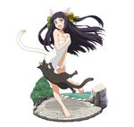  animal_ears arms_up barefoot bell black_hair bow breasts cat cat_ears cat_tail character_request cleavage collarbone floating_hair full_body green_bow hair_bell hair_bow hair_ornament large_breasts long_hair naked_towel outstretched_arms slit_pupils solo standing sword_art_online tail towel towel_tug transparent_background very_long_hair white_towel yellow_eyes 