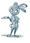  2017 anthro armor belt blue_and_white bluedouble clothed clothing cosplay dipstick_ears disney female hand_on_hip helmet holding_object holding_weapon holster judy_hopps lagomorph laser_gun mammal monochrome rabbit ranged_weapon simple_background smile solo space_patrol_luluco spacesuit standing weapon white_background zootopia 