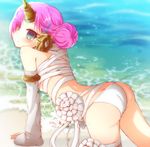  1girl all_fours artist_request ass bandage bare_shoulders berserker_of_black blush breasts butt_crack detached_sleeves double_bun expressionless fate/grand_order fate_(series) green_eyes hair_ornament hair_over_one_eye heterochromia horn looking_at_viewer orange_eyes panties pink_hair shiny shiny_hair shiny_skin short_hair sideboob solo 