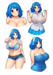  :o absurdres arms_behind_back bangs bare_shoulders belt bikini bikini_under_clothes blue_dress blue_hair bra bra_through_clothes breasts cleavage clenched_hands clenched_teeth commentary contrapposto denim denim_shorts dress dress_shirt erkaz front-tie_top hair_tucking hairband hands_up head_tilt highres huge_breasts looking_at_viewer midriff multiple_views navel nervous_smile original red_bra red_eyes rina_atherina see-through shirt short_hair short_shorts short_sleeves shorts skin_tight smile standing strapless strapless_dress string_bikini swimsuit teeth thighs tied_shirt topless triangle_mouth tube_dress tubetop underwear upper_body w_arms white_background white_shirt 