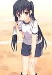  :o bangs black_hair black_legwear blue_shorts blush collarbone day eyebrows_visible_through_hair gym_shirt gym_shorts gym_uniform hair_between_eyes hand_on_own_knee highres holding holding_towel kneehighs knees_together_feet_apart leaning_forward long_hair looking_at_viewer open_mouth original outdoors red_eyes shirt short_sleeves shorts sidelocks solo standing sweat tareme towel towel_around_neck twintails usagino_suzu white_shirt 