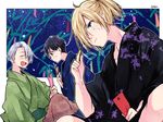  bamboo black_hair blonde_hair brown_eyes closed_eyes dog green_eyes japanese_clothes katsuki_yuuri kimono lowres makkachin male_focus multiple_boys naho_(pi988y) silver_hair sky star_(sky) starry_sky tanabata tanzaku viktor_nikiforov yukata yuri!!!_on_ice yuri_plisetsky 