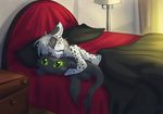  anthro bed cheetah cute feline fur green_eyes grey_hair hair how_to_train_your_dragon male mammal morning plushie ripli sleeping spots spotted_fur syntaxis toothless white_fur 