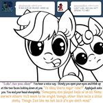  applejack_(mlp) bitterplaguerat black_and_white dialogue earth_pony english_text equine first_person_view friendship_is_magic horn horse mammal monochrome my_little_pony pony sweetie_belle_(mlp) text unicorn worried 
