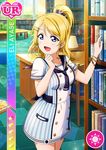  ayase_eli blonde_hair blue_eyes blush book character_name dress library long_hair love_live!_school_idol_festival love_live!_school_idol_project ponytail smile 