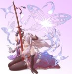 arm_support arm_up between_breasts black_gloves blue_eyes braid breasts bug butterfly collarbone draph elbow_gloves eyebrows_visible_through_hair floating_hair gloves gradient gradient_background granblue_fantasy haido_(ryuuno_kanzume) hair_ornament hair_over_one_eye highres horns insect katana large_breasts lavender_hair long_hair long_sword looking_at_viewer narmaya_(granblue_fantasy) parted_lips pink_background pointy_ears sarashi single_braid sitting smile solo sword very_long_hair w weapon 
