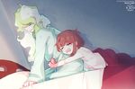  bathrobe bed blanket blonde_hair blue_eyes brown_hair closed_eyes diana_cavendish hug hug_from_behind kagari_atsuko little_witch_academia long_hair messy_hair milk_puppy multiple_girls pajamas under_covers yuri 