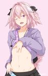  ;d astolfo_(fate) black_bow black_skirt blush bow braid casual clothes_lift drawstring eyebrows_visible_through_hair fate/apocrypha fate/grand_order fate_(series) hair_between_eyes hair_bow hair_intakes hair_ribbon hood hood_down hooded_jacket jacket kichihachi lifted_by_self long_hair long_sleeves male_focus multicolored_hair navel one_eye_closed open_clothes open_jacket open_mouth otoko_no_ko pink_background pink_hair pom_pom_(clothes) purple_eyes purple_jacket ribbon shirt shirt_lift simple_background single_braid skirt smile stomach streaked_hair striped striped_shirt twitter_username upper_body very_long_hair white_hair 