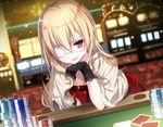  ace bangs black_gloves blonde_hair blurry blurry_background card casino casino_card_table chandelier chin_rest collarbone commentary_request dress emia_(castilla) english eyepatch gloves hair_between_eyes higyaku_no_noel indoors leaning_forward light light_particles long_hair looking_at_viewer medical_eyepatch noel_cerquetti open_mouth playing_card poker_chip print_gloves red_dress red_eyes shawl shiny shiny_hair slot_machine smirk solo sparkle stack stool 