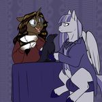  2017 avian bird blue_eyes bottomless brown_fur brown_hair clothed clothing corvid crow duo equine eyewear feathered_wings feathers female feral foxenawolf fur glasses grey_fur hair horn mammal my_little_pony open_mouth pegasus purple_eyes purple_hair unicorn unicorn_horn wings 