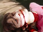  bad_end bangs blank_stare bleeding blood blood_on_face bloody_clothes brown_eyes brown_hair corpse cuts death duplicate face guro injury jcm2 lips long_hair madotsuki mouth non-web_source pink_shirt realistic shirt slit_throat solo spoilers suicide teeth yume_nikki 
