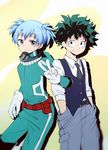  ansatsu_kyoushitsu baggy_pants blue_eyes blue_hair boku_no_hero_academia collared_shirt company_connection cosplay costume_switch crossover gloves green_eyes green_hair highres male_focus midoriya_izuku multiple_boys necktie pants school_uniform shiota_nagisa shirt smile twintails v yura_kumonoito 