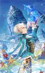  blue_hair blue_shirt cowboy_shot flower from_side highres male_focus mikleo_(tales) multicolored_hair pants profile purple_eyes scorpion5050 shell shirt solo starfish tales_of_(series) tales_of_zestiria water white_hair white_pants 