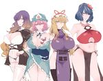  4girls blonde_hair blue_hair breasts brown_hair bura butterfly cleavage gradient_hair hat highres hijiri_byakuren long_hair looking_at_viewer multicolored_hair multiple_girls navel orange_eyes pink_hair purple_eyes purple_hair red_eyes saigyouji_yuyuko touhou wavy_hair white_background yakumo_yukari yasaka_kanako yellow_eyes 