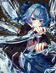 alternate_costume blue_bow blue_eyes blue_hair blue_skirt bow cirno commentary_request dagger dual_wielding hair_bow hair_ornament hairclip holding holding_weapon ice ice_wings jacket long_sleeves looking_at_viewer md5_mismatch natori_youkai ringed_eyes serious short_hair skirt solo touhou weapon wings 