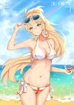  alcohol bad_id bad_pixiv_id beach bikini blonde_hair blue_eyes blue_sky breasts cleavage closed_mouth cloud collarbone cowboy_shot cup cupping_glass day drinking_glass duke_of_york_(zhan_jian_shao_nyu) eyewear_on_head flipped_hair goblet hair_between_eyes halter_top halterneck hand_to_head head_tilt highres holding holding_cup horizon index_finger_raised large_breasts looking_at_viewer navel o-ring o-ring_bikini o-ring_bottom o-ring_top outdoors ponytail print_bikini recording shiny side-tie_bikini side-tie_bottom sky smile solo standing sunglasses sunlight swimsuit viewfinder water wine wine_glass zhan_jian_shao_nyu zhudacaimiao 