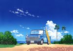  blue_sky blush car cloud commentary_request day flower grass ground_vehicle highres hirota_(masasiv3) horizon license_plate motor_vehicle no_humans ocean original outdoors palm_tree scenery shadow sky surfboard tree 