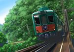  bush commentary_request day forest grass ground_vehicle highres hirota_(masasiv3) nature no_humans outdoors power_lines railroad_tracks scenery sky train 
