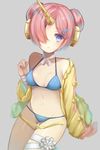 ass_visible_through_thighs bandaged_arm bandaged_leg bandages bikini blue_bikini blue_eyes blush double_bun fate/apocrypha fate/grand_order fate_(series) frankenstein's_monster_(fate) frankenstein's_monster_(swimsuit_saber)_(fate) hair_ornament horn jacket navel pink_hair solo swimsuit yuzu-aki 