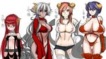  4girls 695_(mukuko) blue_eyes blue_hair breasts dark_skin demon_girl demon_tail erect_nipples flat_chest grey_hair horns huge_breasts large_breasts long_hair multiple_girls orange_eyes orange_hair original pointy_ears red_eyes red_hair short_hair short_shorts shorts simple_background succubus tail translation_request white_background wings 