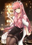  alcohol bangs black_legwear blouse champagne champagne_flute closed_mouth commentary_request cup drinking_glass eyebrows_visible_through_hair fate/grand_order fate_(series) frills garter_straps hairband indoors long_hair looking_at_viewer medb_(fate)_(all) medb_(fate/grand_order) pantyhose pencil_skirt pink_blouse pink_hair shawl shimo_(s_kaminaka) sitting skirt smile solo thighband_pantyhose tsurime very_long_hair wine_glass yellow_eyes 