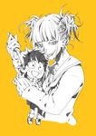  boku_no_hero_academia character_doll cropped_torso double_bun freckles greyscale half-closed_eyes jin_amber knife long_sleeves looking_at_viewer midoriya_izuku monochrome school_uniform simple_background sketch smile solo stuffed_toy teeth toga_himiko tongue tongue_out yellow_background 