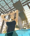  armpits arms_up black_hair blue_eyes breasts cleavage covered_nipples diving_platform highres large_breasts long_hair one-piece_swimsuit original parted_lips pool swimsuit throtem wading wet 
