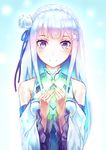  blue_ribbon emilia_(re:zero) flower hair_flower hair_ornament hair_ribbon highres long_hair looking_at_viewer purple_eyes re:zero_kara_hajimeru_isekai_seikatsu ribbon shiny shiny_skin silver_hair smile solo standing ttc upper_body very_long_hair white_flower 