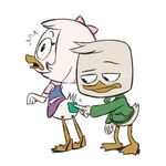  2017 avian beak bird bow censored clothing convenient_censorship disney duck ducktales ducktales_(2017) feathers humor jacket louie_duck low_res sketch skirt sticky_note unknown_artist webbed_feet webby_vanderquack white_feathers 